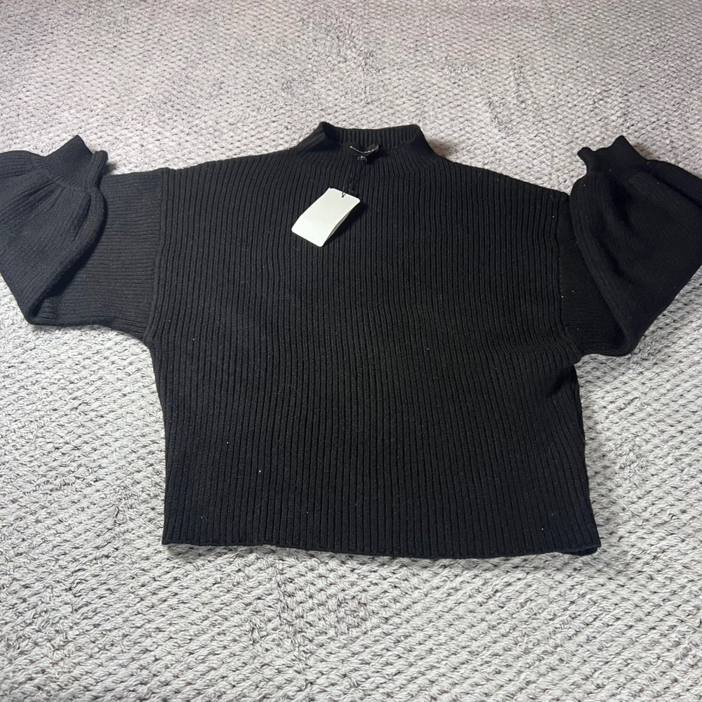 Line and Dot Women's Black Ribbed Mock Neck Balloon‎ Sleeve Sweater Small NWT
